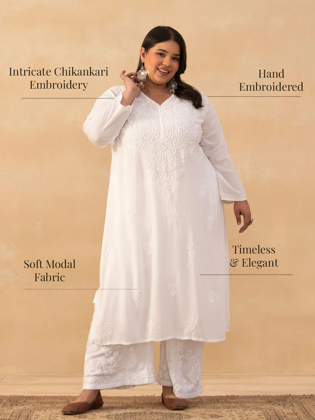 HOC Modal Chikankari Solid Women's Long Kurta - White - Image 9