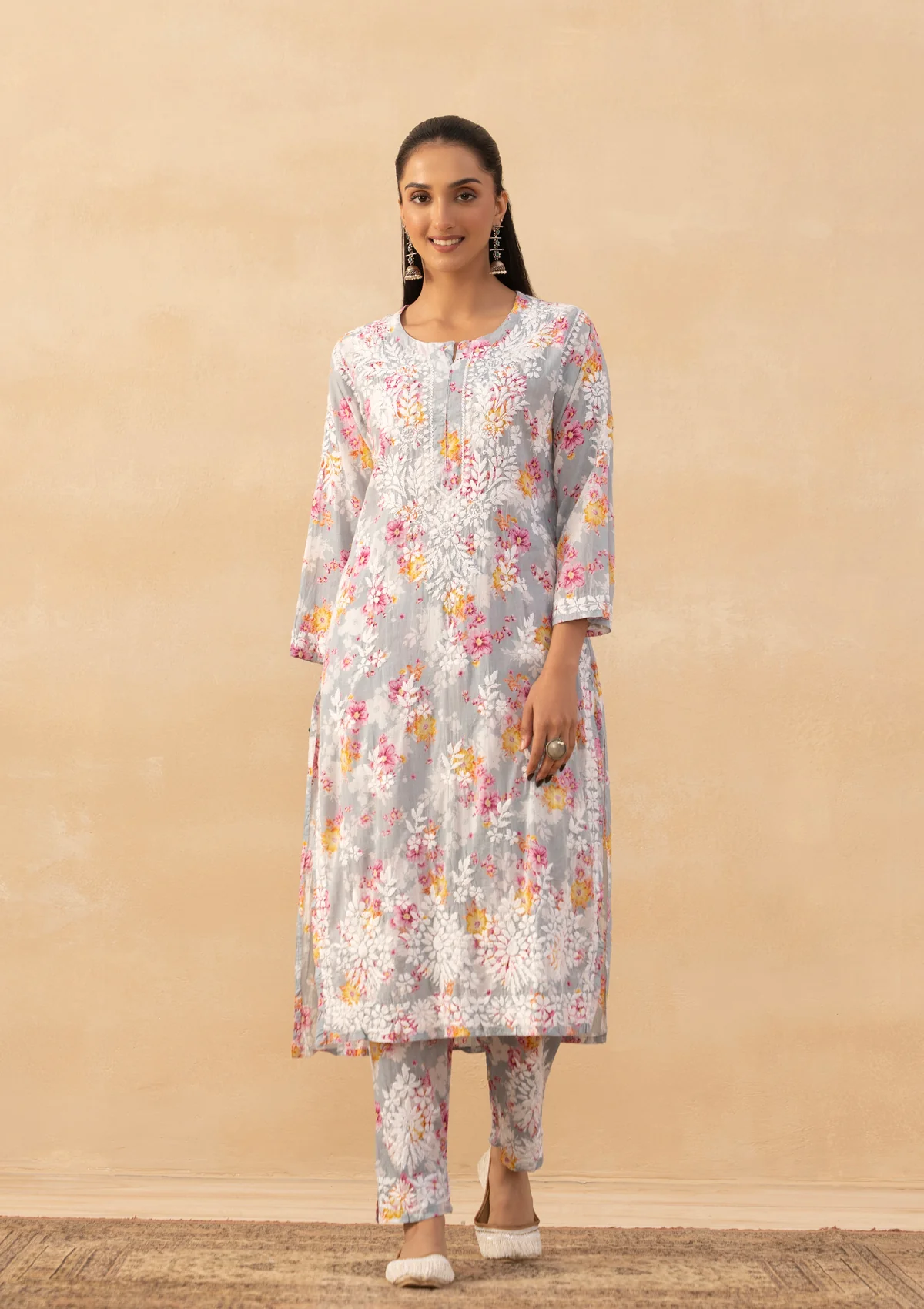 HOC Mulmul Chikankari Printed Women's 2 PC Long Kurta Set - Grey