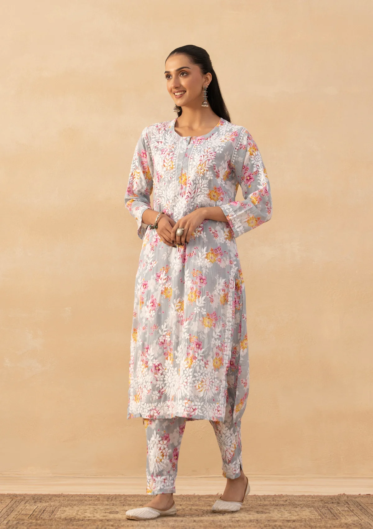 HOC Mulmul Chikankari Printed Women's 2 PC Long Kurta Set - Grey - Image 3