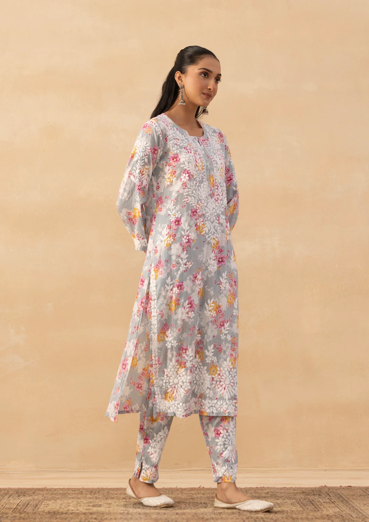 HOC Mulmul Chikankari Printed Women's 2 PC Long Kurta Set - Grey - Image 4