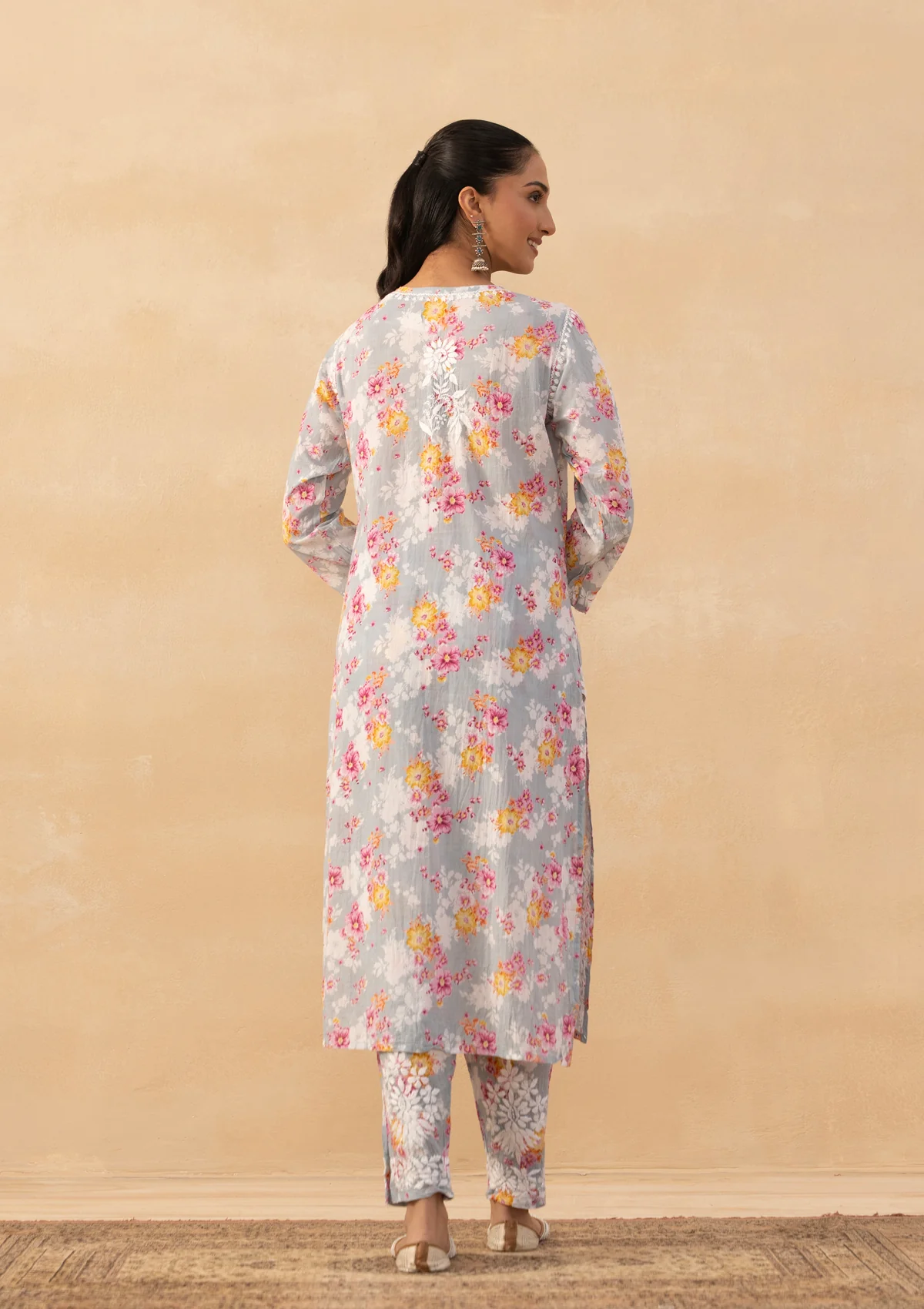 HOC Mulmul Chikankari Printed Women's 2 PC Long Kurta Set - Grey - Image 6