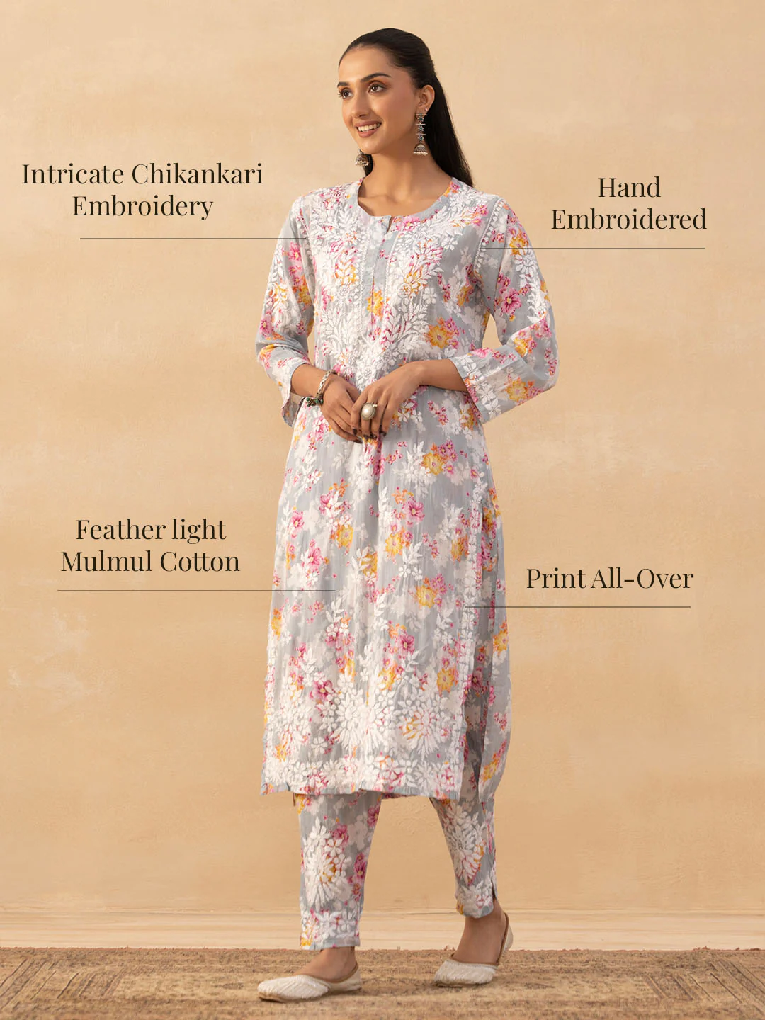 HOC Mulmul Chikankari Printed Women's 2 PC Long Kurta Set - Grey - Image 7