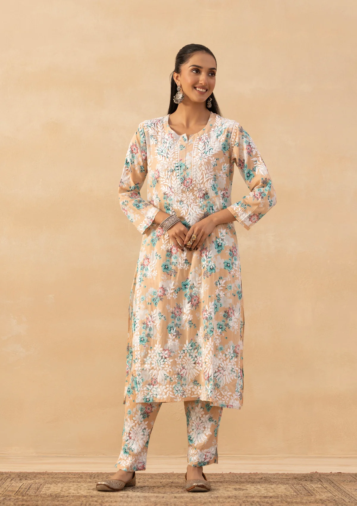 HOC Mulmul Chikankari Printed Women's 2 PC Long Kurta Set - Orange - Image 3