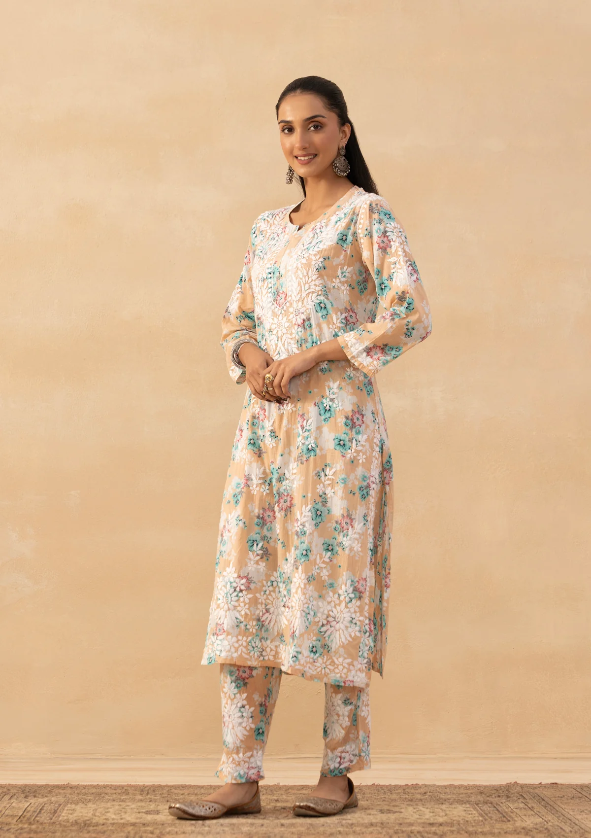 HOC Mulmul Chikankari Printed Women's 2 PC Long Kurta Set - Orange - Image 5