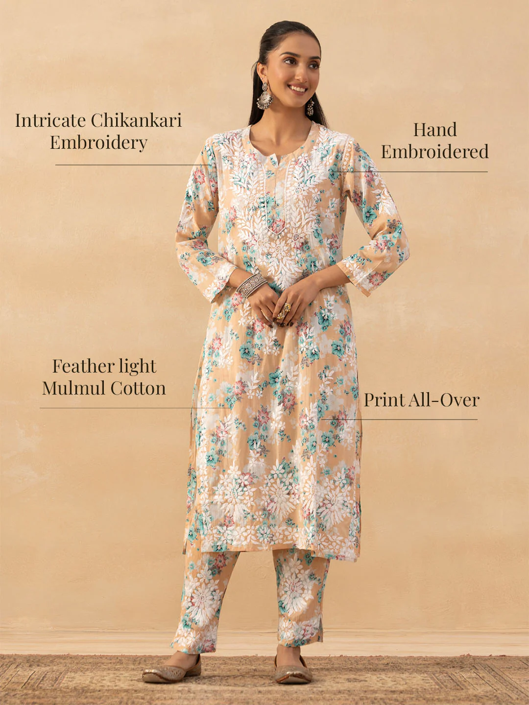 HOC Mulmul Chikankari Printed Women's 2 PC Long Kurta Set - Orange - Image 8
