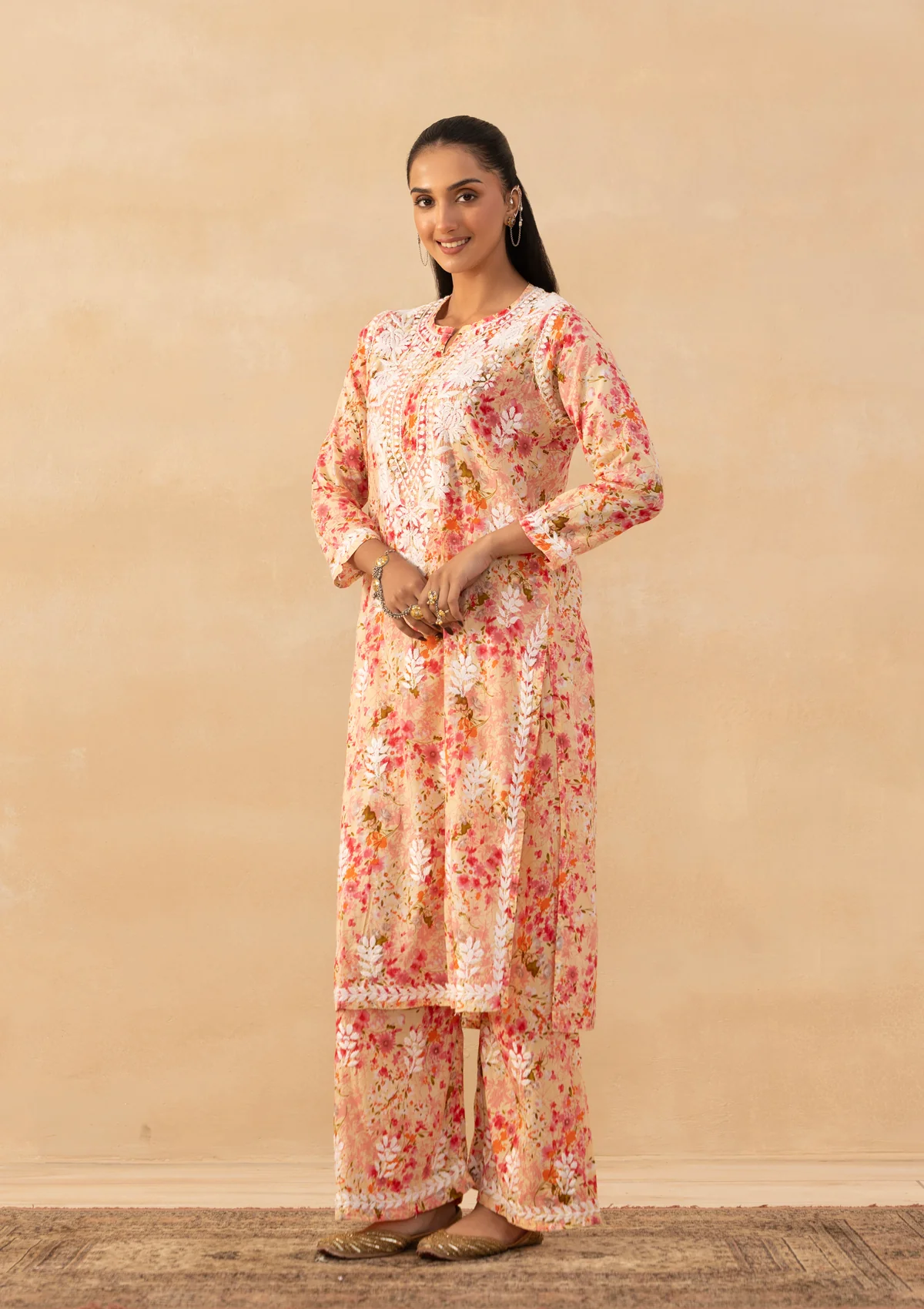 HOC Mulmul Chikankari Printed Women's 2 PC Long Kurta Set - Peach - Image 5