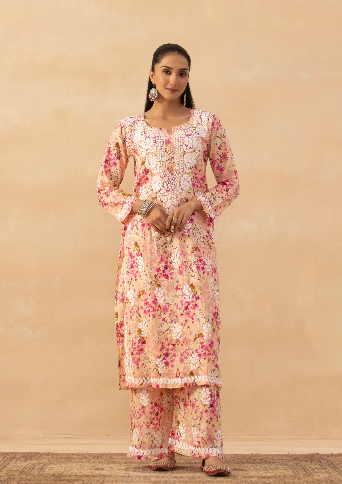 HOC Mulmul Chikankari Printed Women's 2 PC Long Kurta Set - Pink