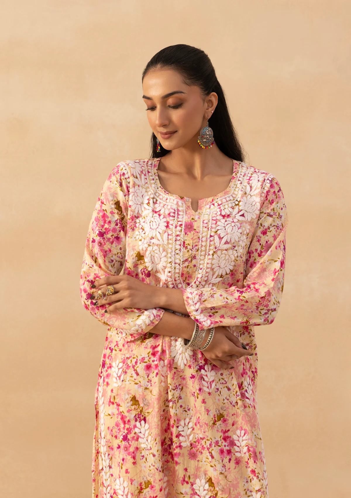 HOC Mulmul Chikankari Printed Women's 2 PC Long Kurta Set - Pink - Image 2