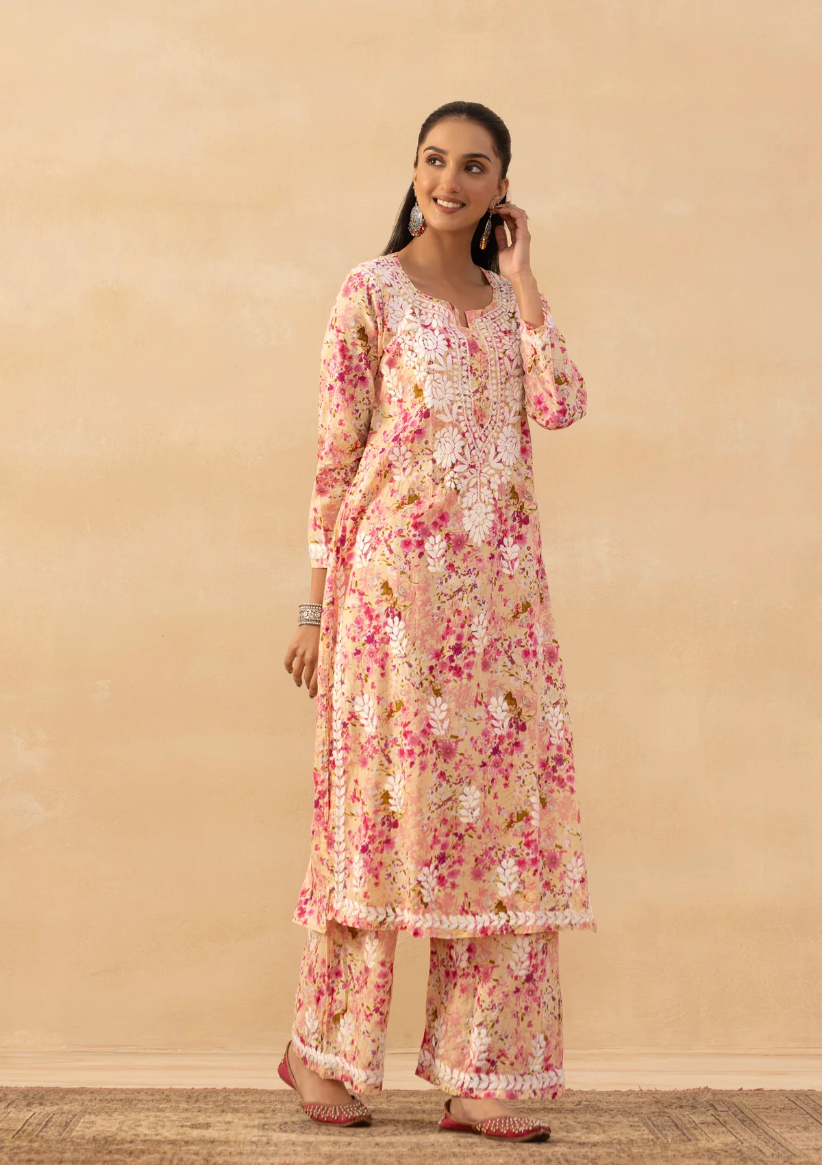 HOC Mulmul Chikankari Printed Women's 2 PC Long Kurta Set - Pink - Image 3