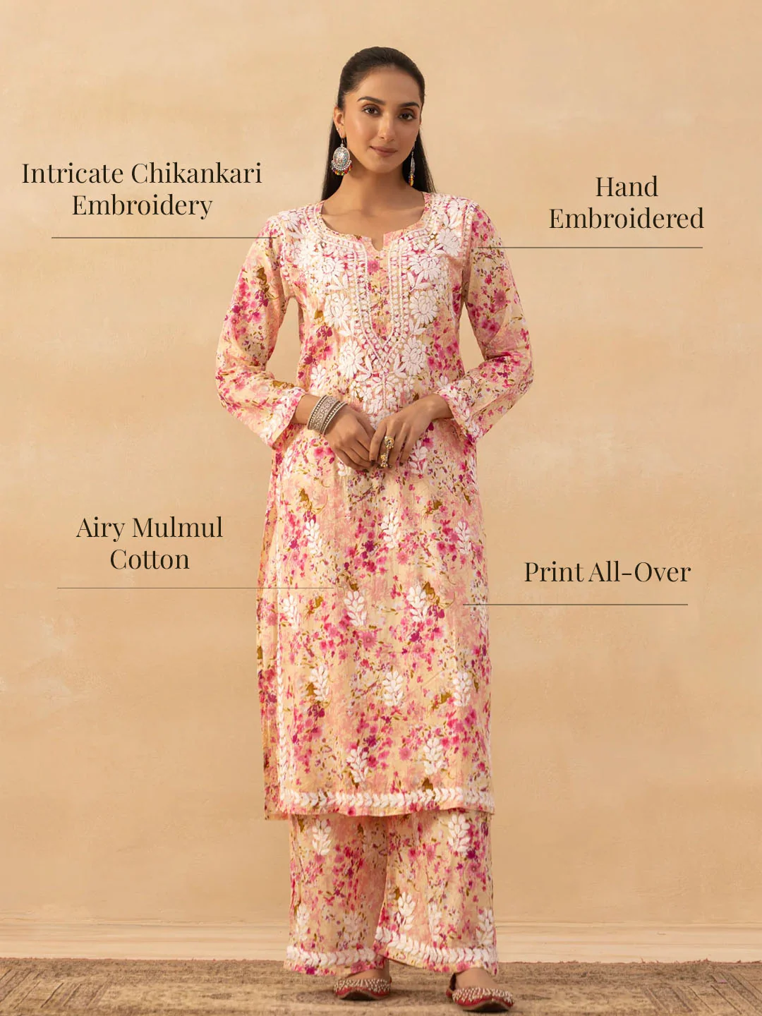 HOC Mulmul Chikankari Printed Women's 2 PC Long Kurta Set - Pink - Image 7