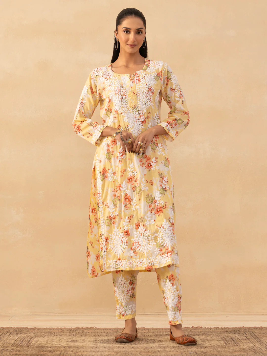 HOC Mulmul Chikankari Printed Women's 2 PC Long Kurta Set - Yellow
