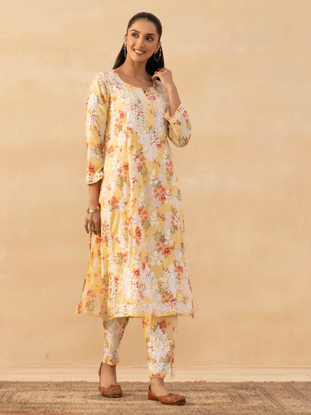 HOC Mulmul Chikankari Printed Women's 2 PC Long Kurta Set - Yellow - Image 3