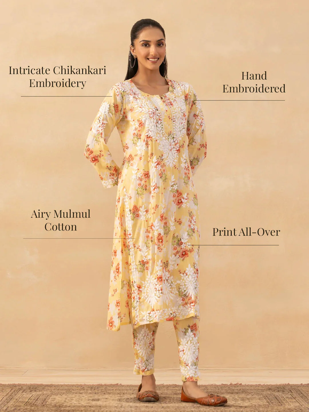 HOC Mulmul Chikankari Printed Women's 2 PC Long Kurta Set - Yellow - Image 7