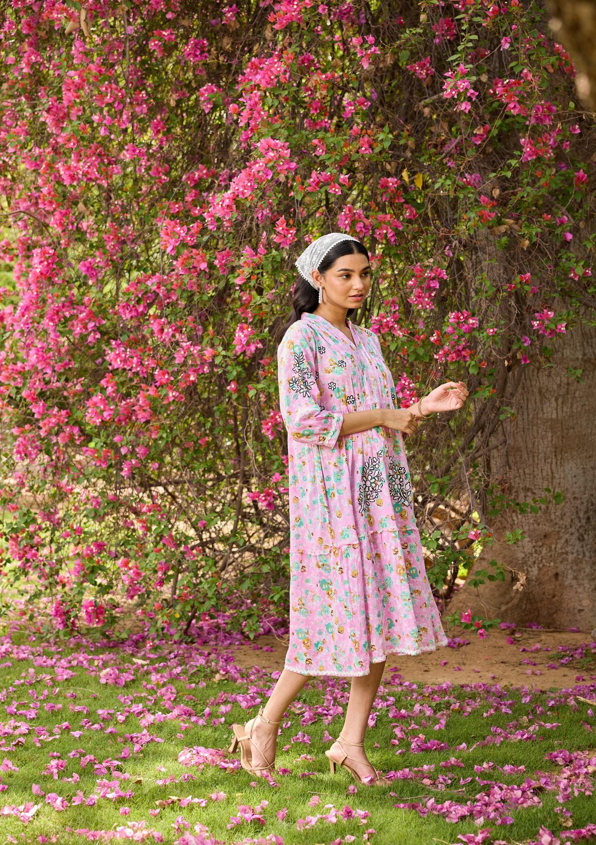 HOC Mulmul Chikankari Printed Women's Long Dress - Pink - Image 3