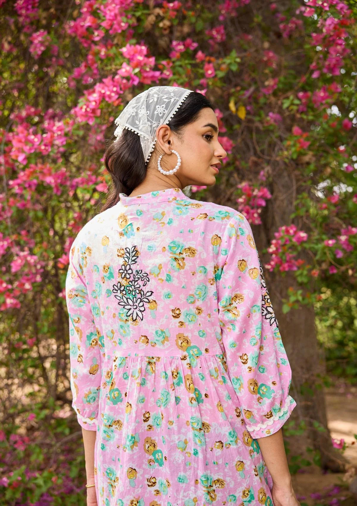 HOC Mulmul Chikankari Printed Women's Long Dress - Pink - Image 4
