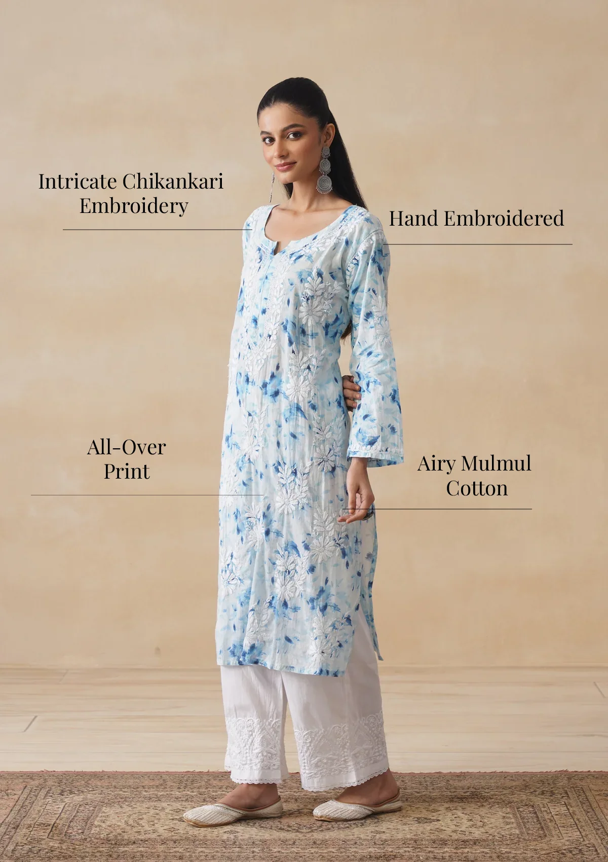 HOC Mulmul Chikankari Printed Women's Long Kurta - Blue - Image 10