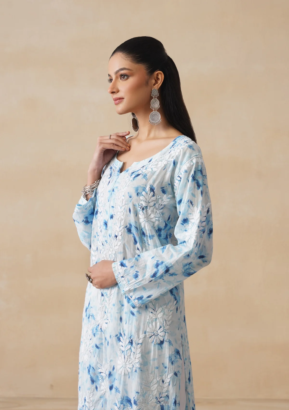 HOC Mulmul Chikankari Printed Women's Long Kurta - Blue - Image 4