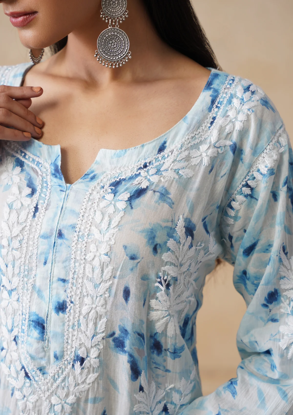 HOC Mulmul Chikankari Printed Women's Long Kurta - Blue - Image 5