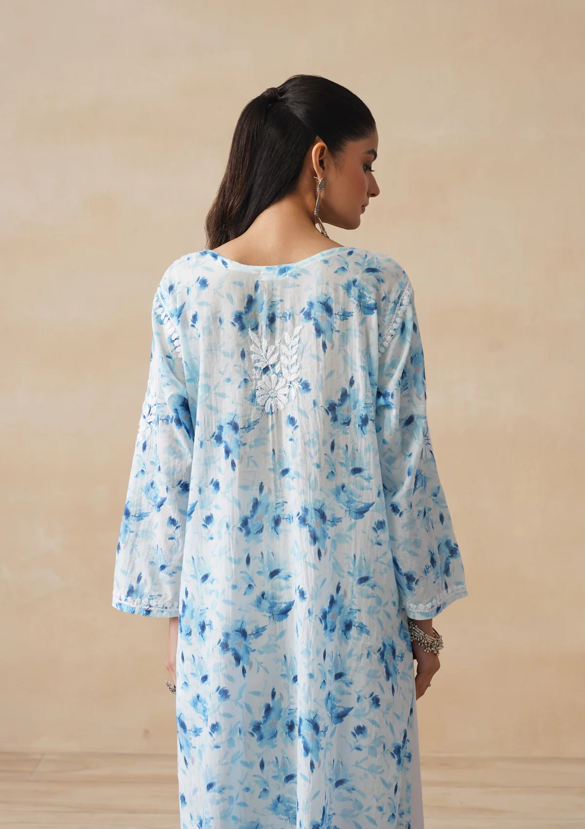 HOC Mulmul Chikankari Printed Women's Long Kurta - Blue - Image 8