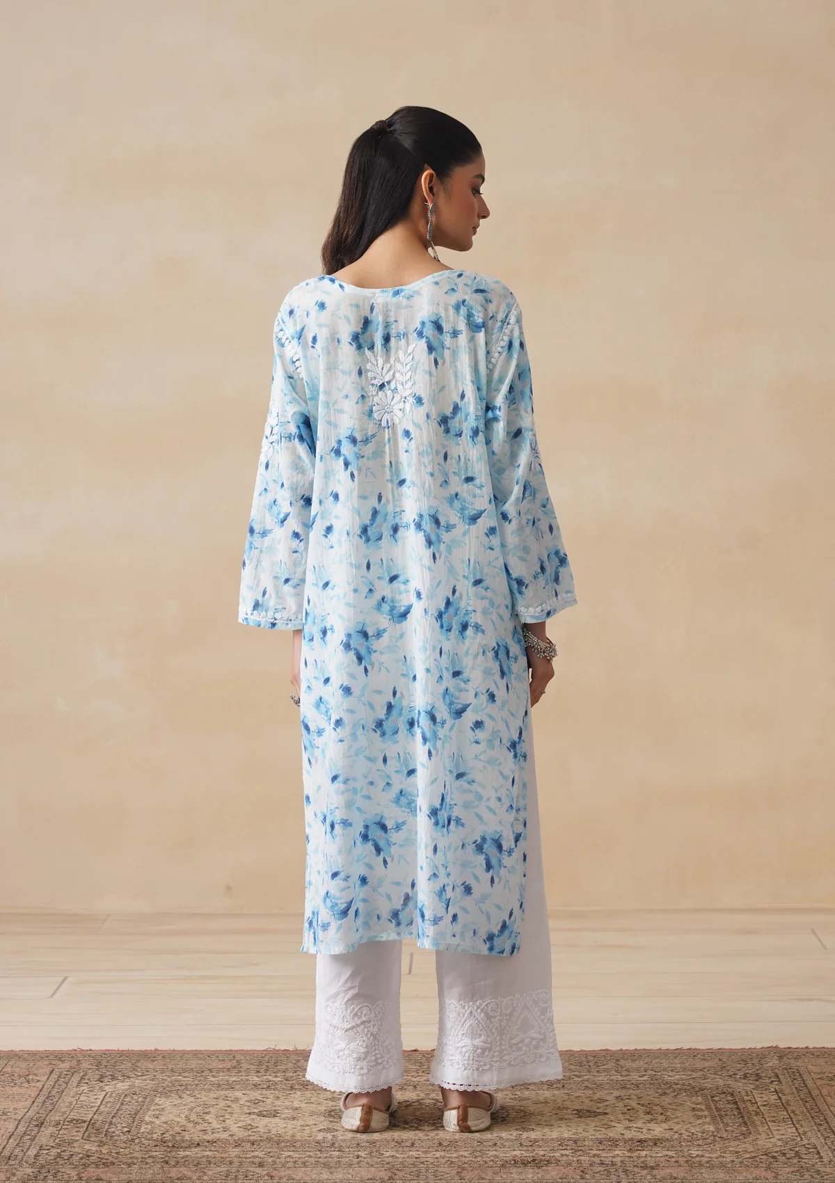 HOC Mulmul Chikankari Printed Women's Long Kurta - Blue - Image 9