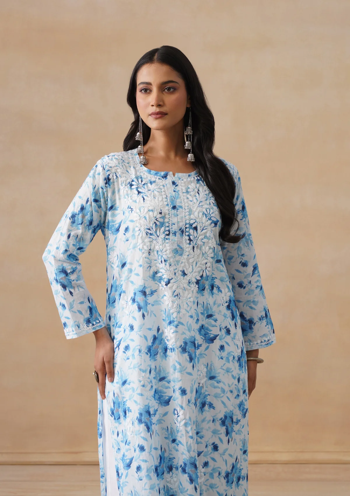 HOC Mulmul Chikankari Printed Women's Long Kurta - Blue - Image 2
