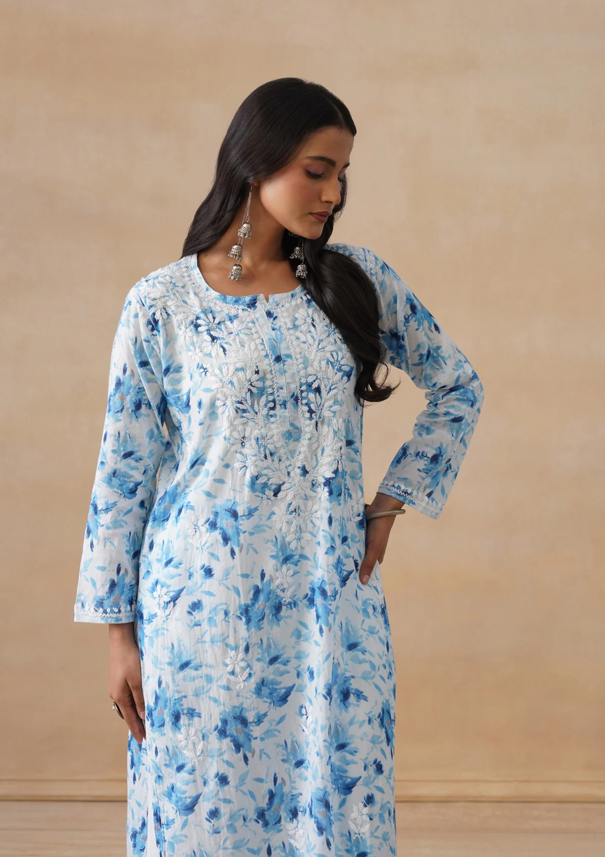 HOC Mulmul Chikankari Printed Women's Long Kurta - Blue - Image 3