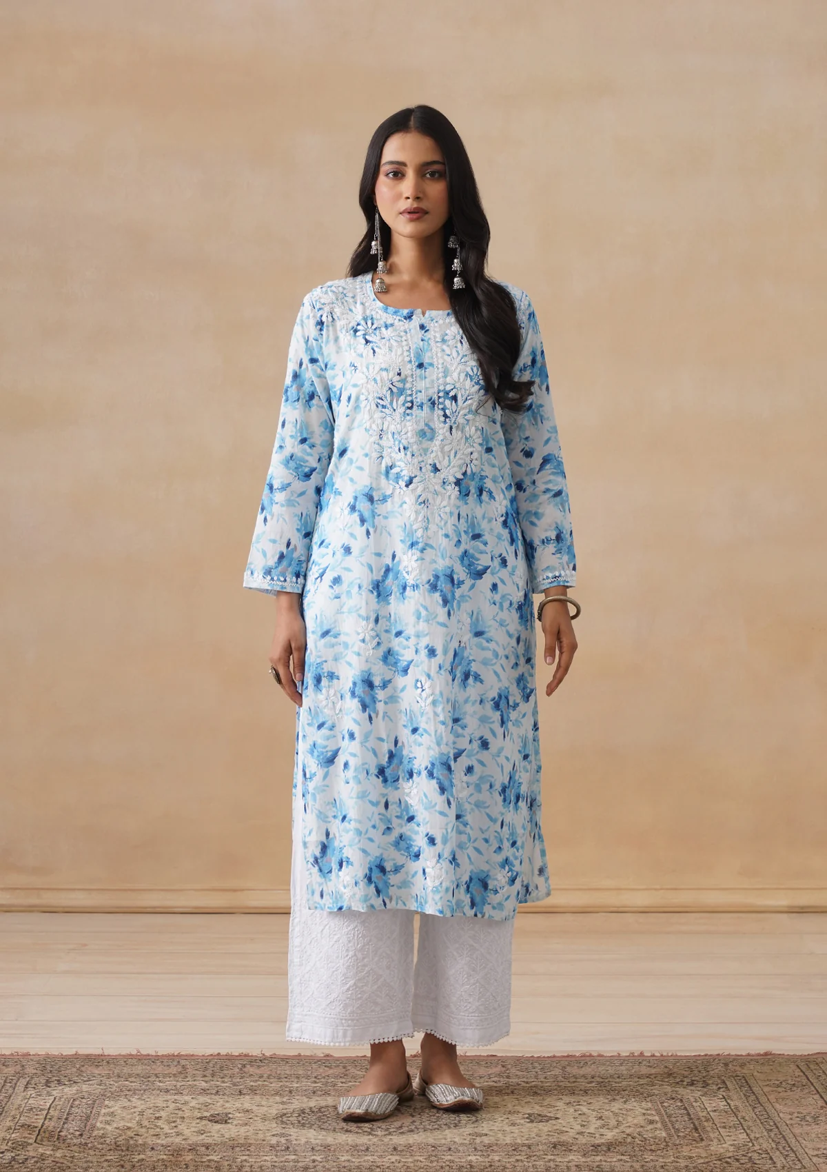 HOC Mulmul Chikankari Printed Women's Long Kurta - Blue - Image 4