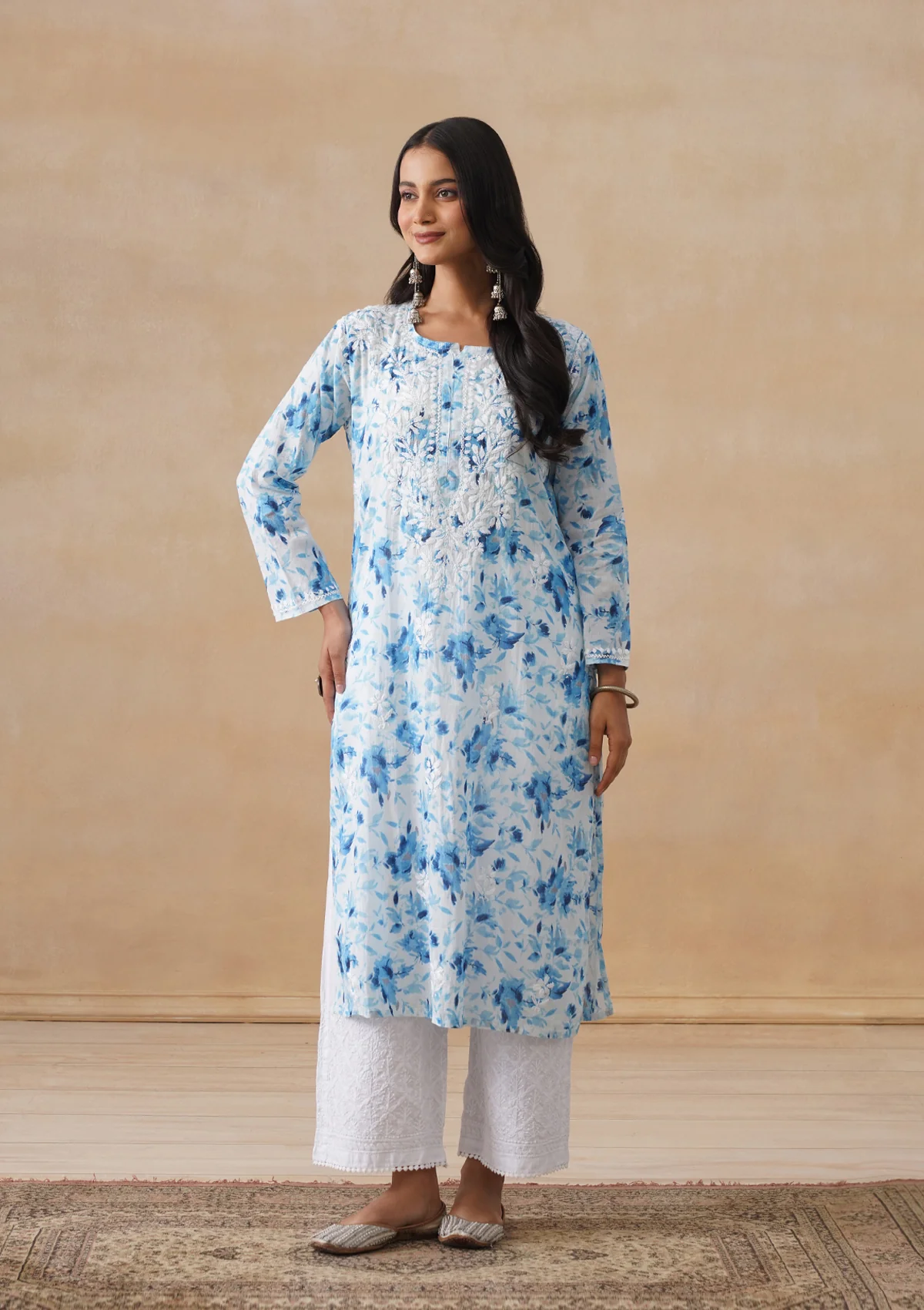HOC Mulmul Chikankari Printed Women's Long Kurta - Blue - Image 5