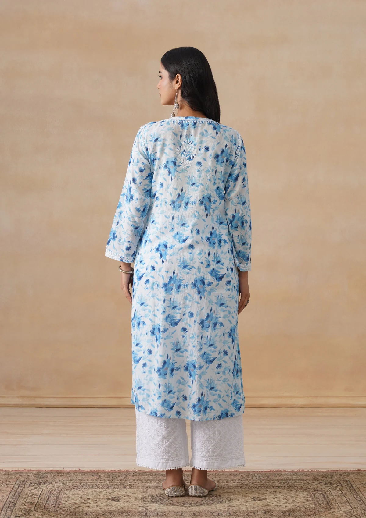 HOC Mulmul Chikankari Printed Women's Long Kurta - Blue - Image 7