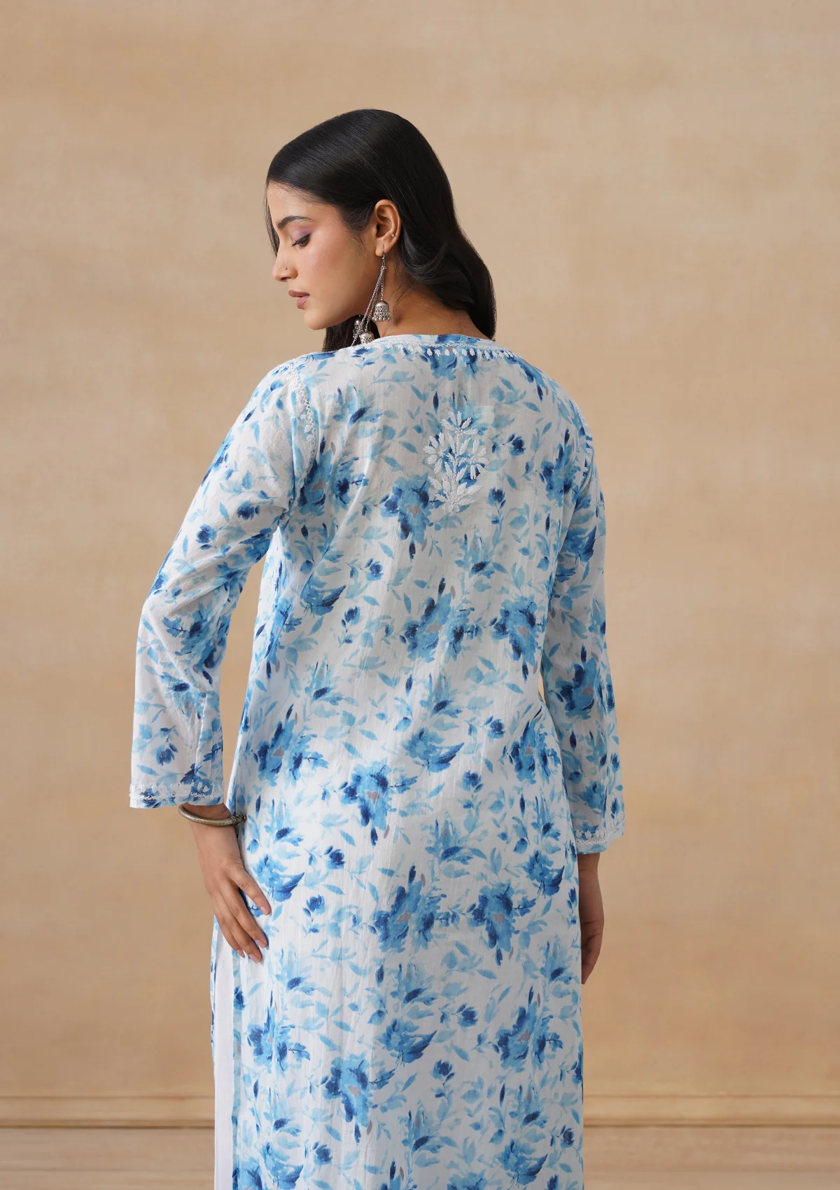 HOC Mulmul Chikankari Printed Women's Long Kurta - Blue - Image 8