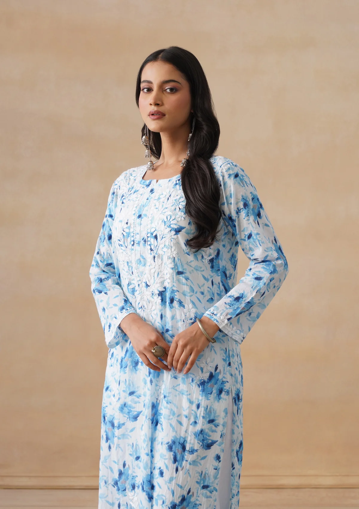 HOC Mulmul Chikankari Printed Women's Long Kurta - Blue - Image 9