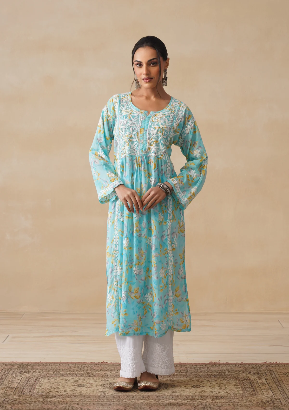 HOC Mulmul Chikankari Printed Women's Long Kurta - Blue