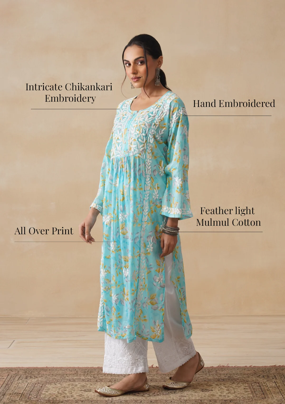 HOC Mulmul Chikankari Printed Women's Long Kurta - Blue - Image 10