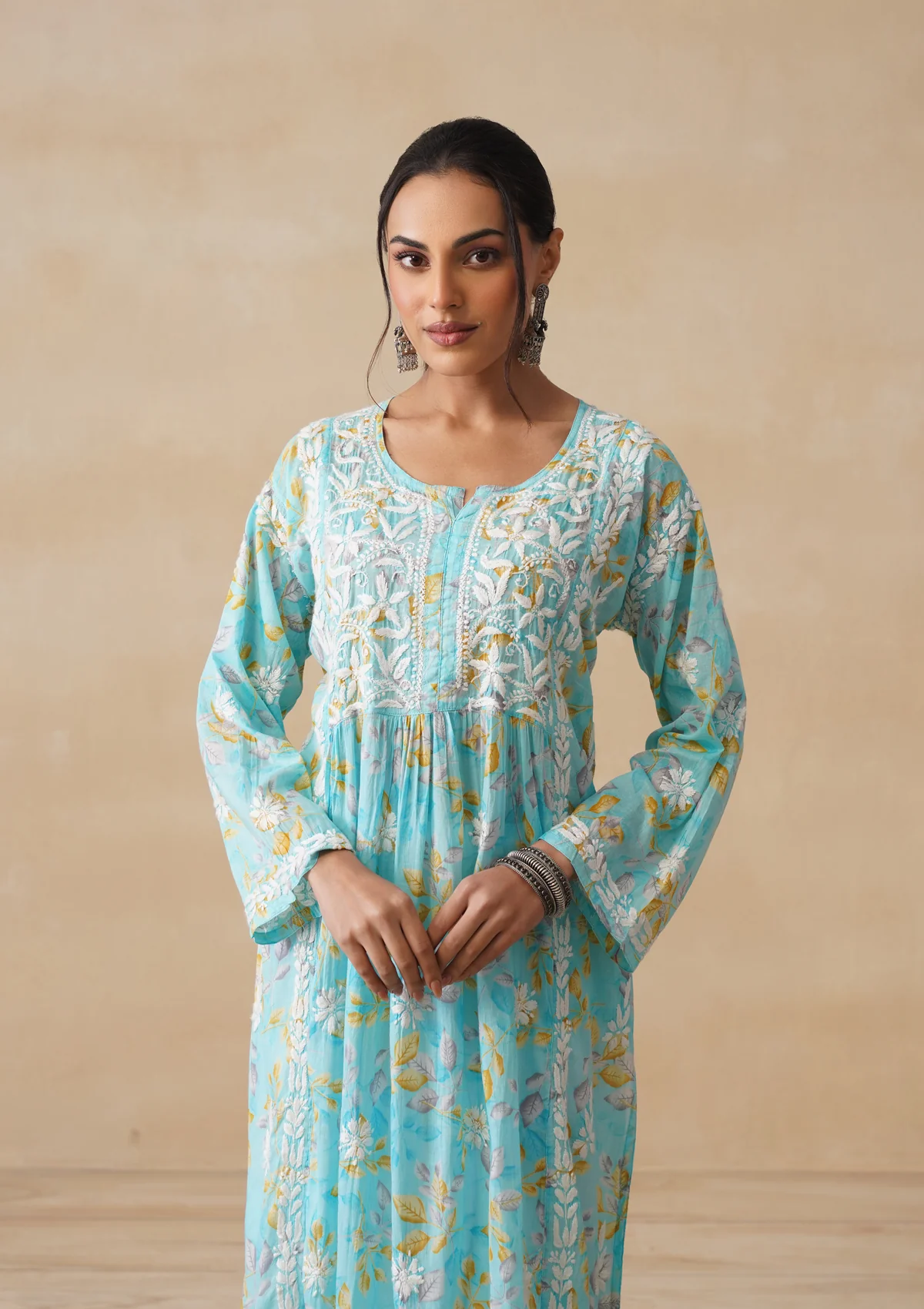 HOC Mulmul Chikankari Printed Women's Long Kurta - Blue - Image 2