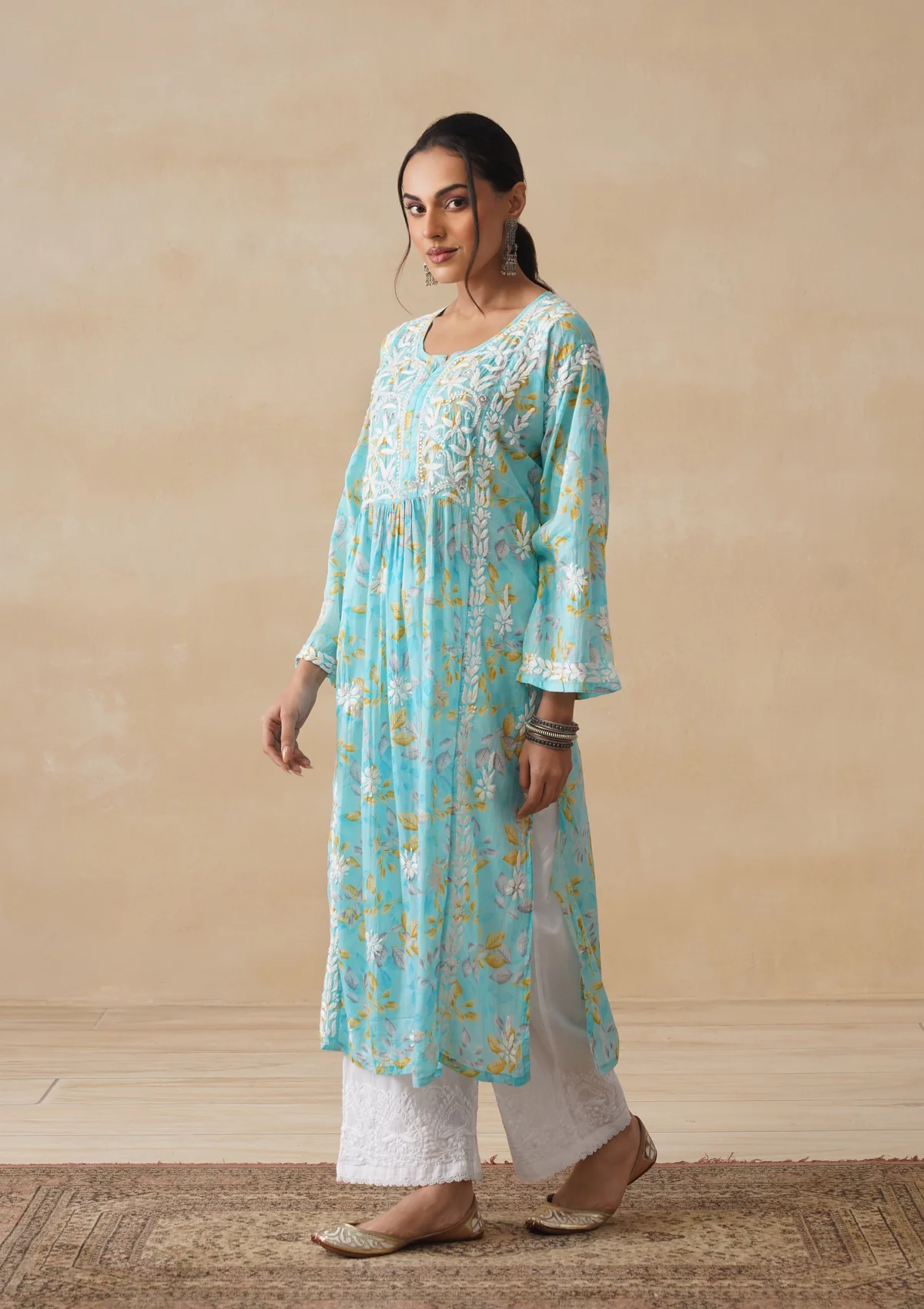 HOC Mulmul Chikankari Printed Women's Long Kurta - Blue - Image 3