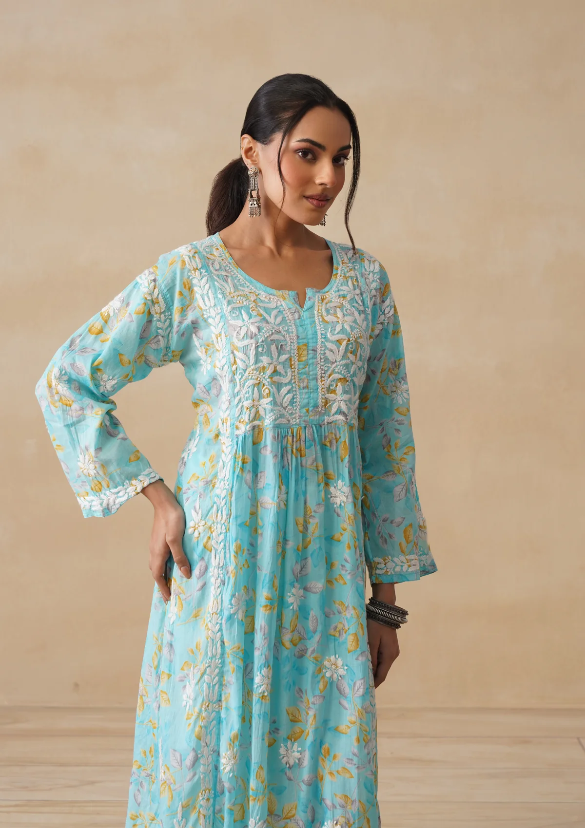 HOC Mulmul Chikankari Printed Women's Long Kurta - Blue - Image 4