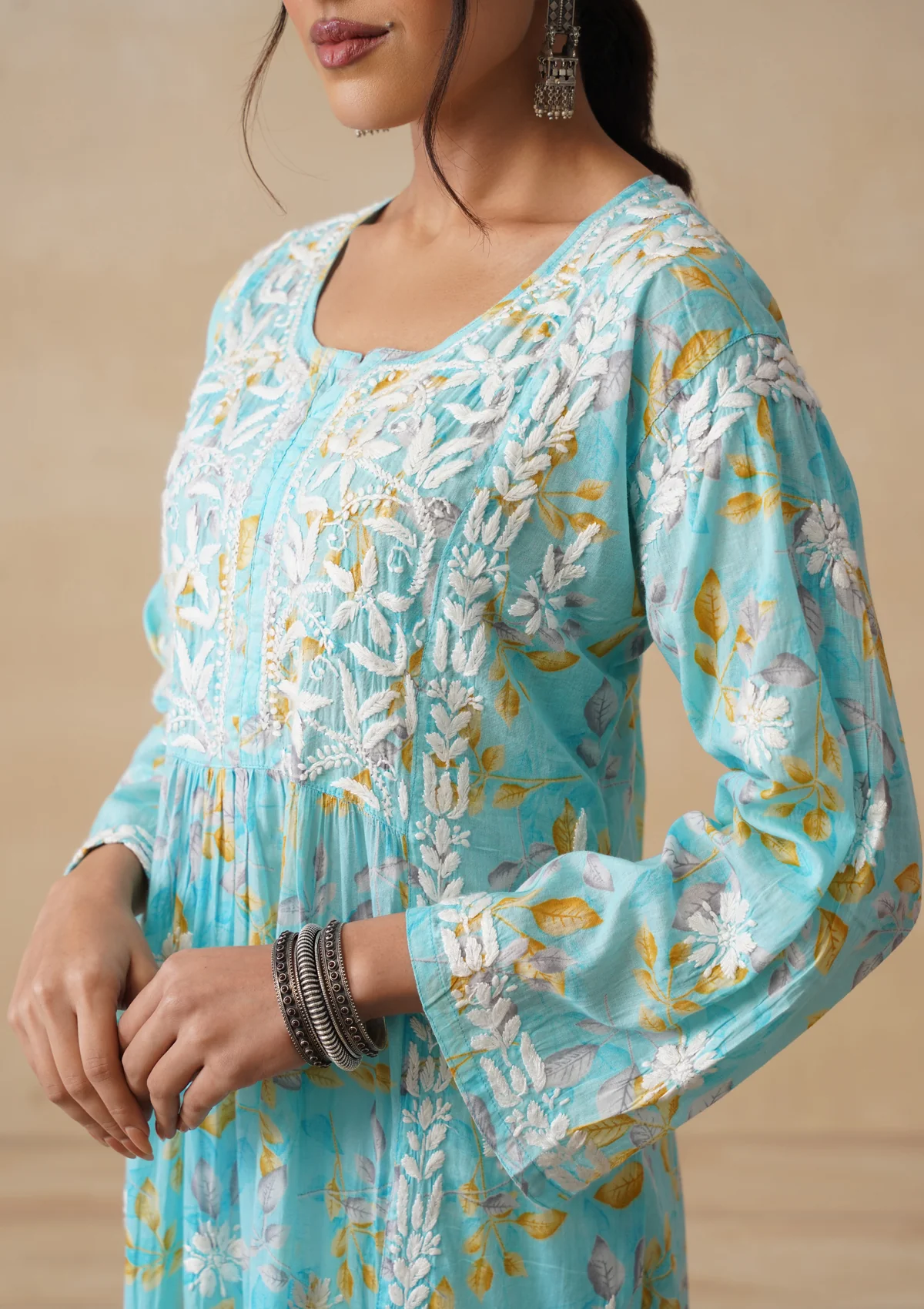 HOC Mulmul Chikankari Printed Women's Long Kurta - Blue - Image 5