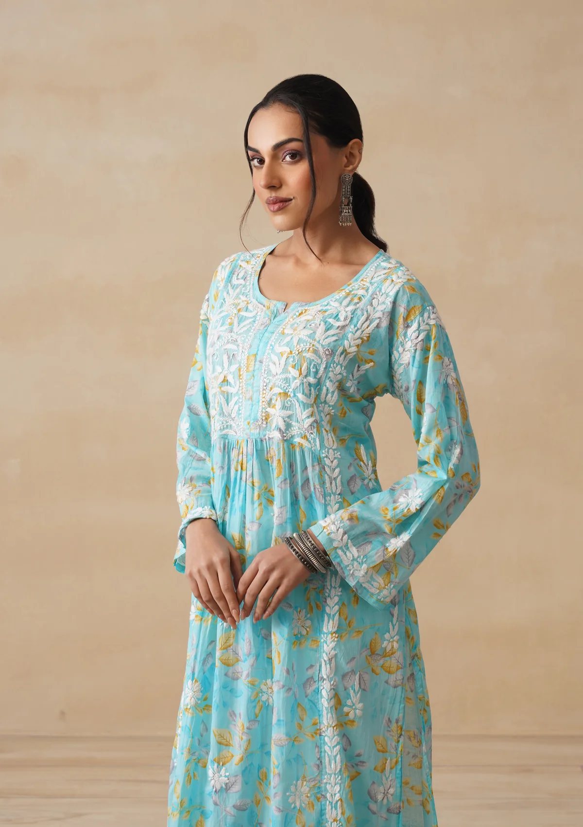 HOC Mulmul Chikankari Printed Women's Long Kurta - Blue - Image 7