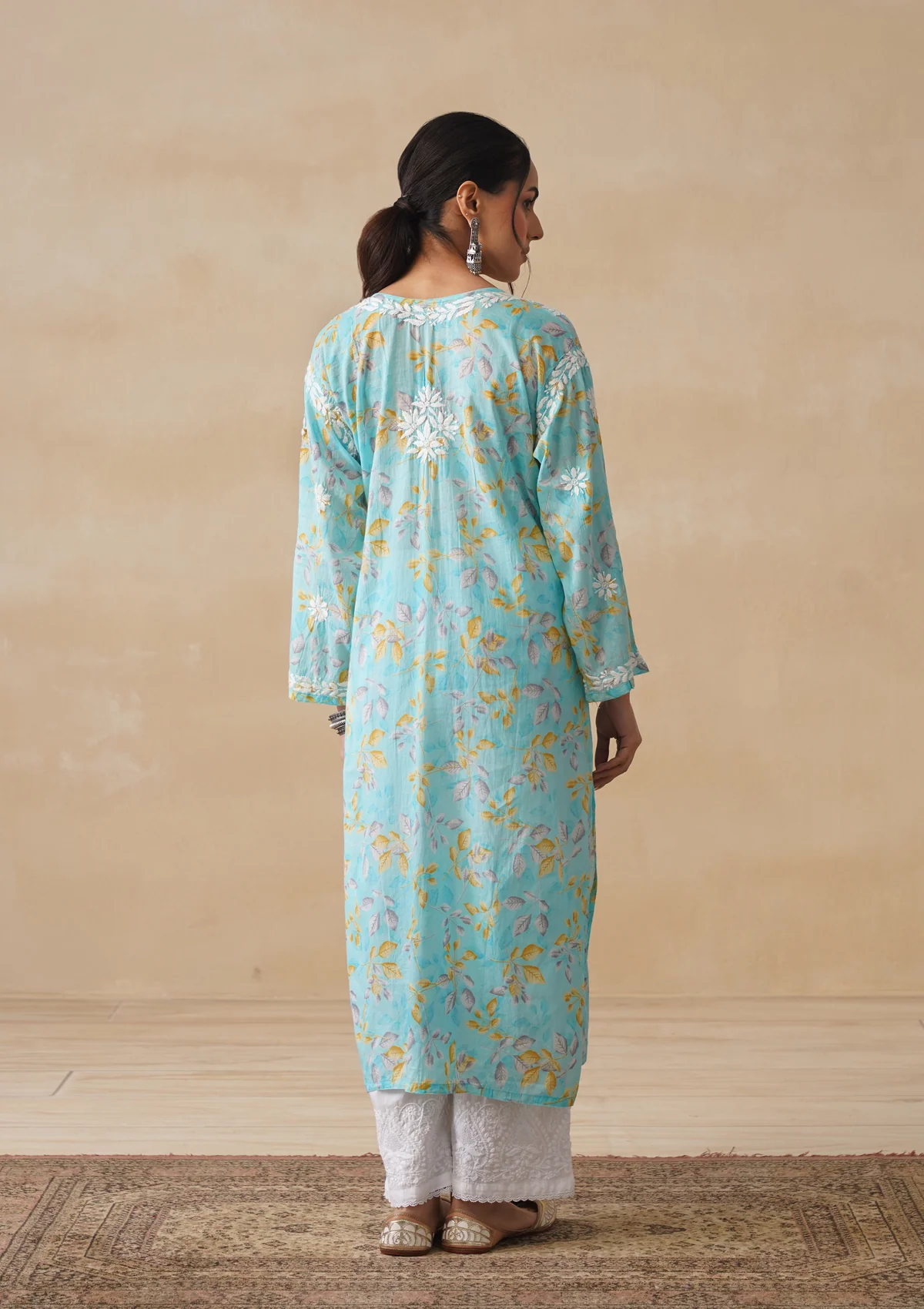 HOC Mulmul Chikankari Printed Women's Long Kurta - Blue - Image 8