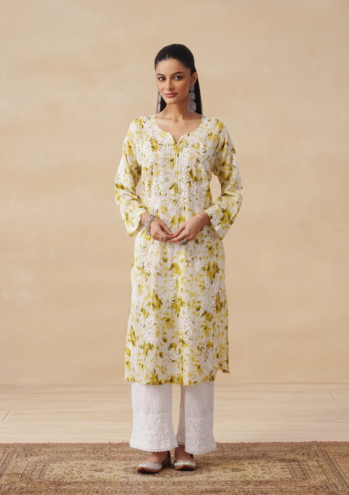 HOC Mulmul Chikankari Printed Women's Long Kurta - Green