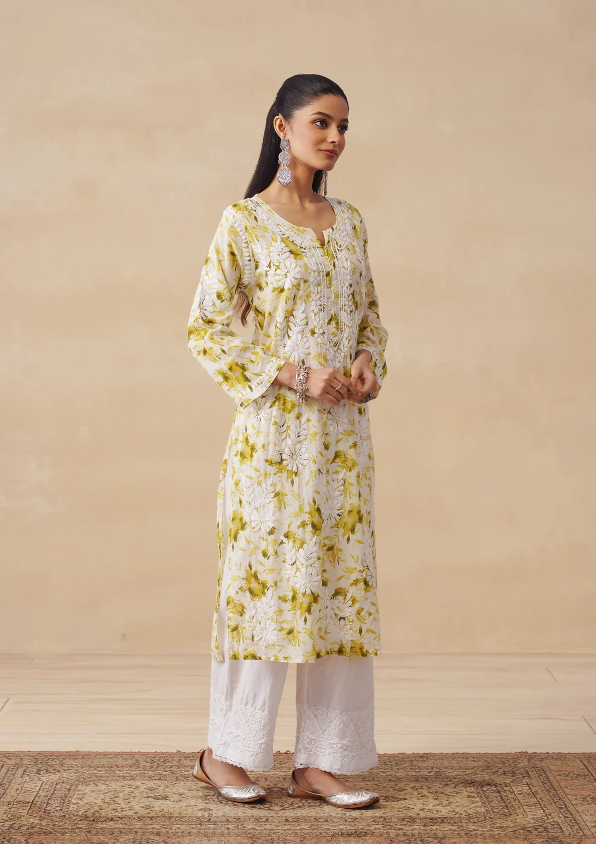 HOC Mulmul Chikankari Printed Women's Long Kurta - Green - Image 3