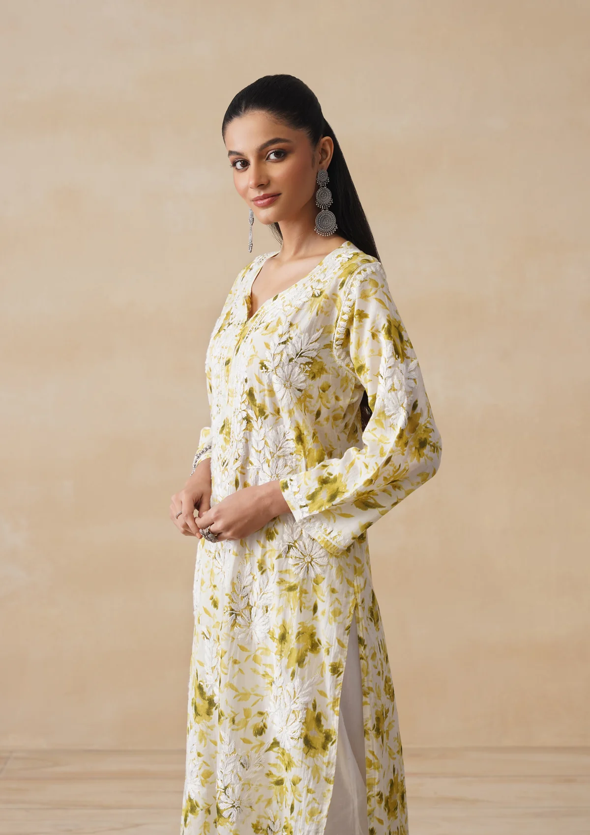 HOC Mulmul Chikankari Printed Women's Long Kurta - Green - Image 4