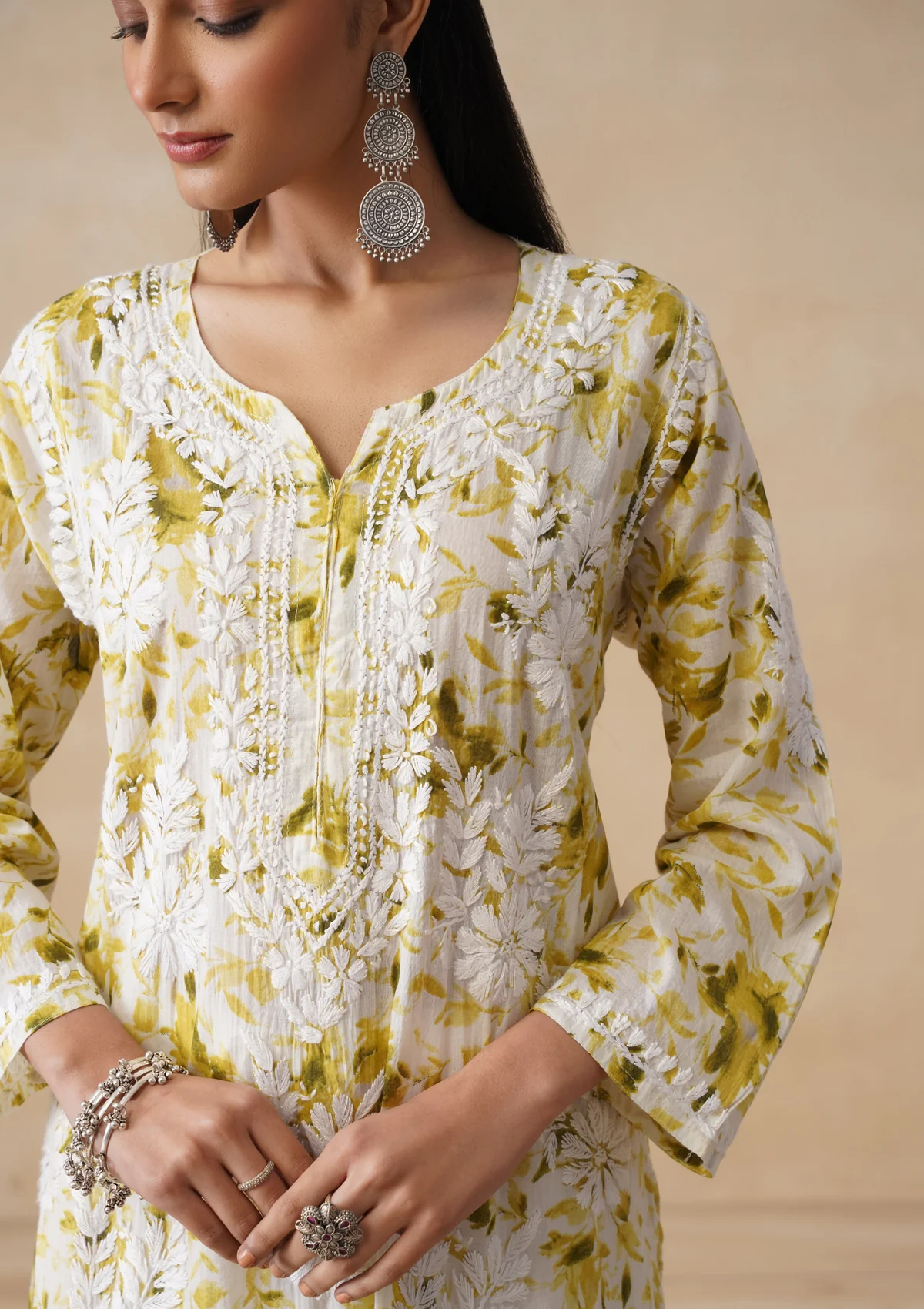 HOC Mulmul Chikankari Printed Women's Long Kurta - Green - Image 5