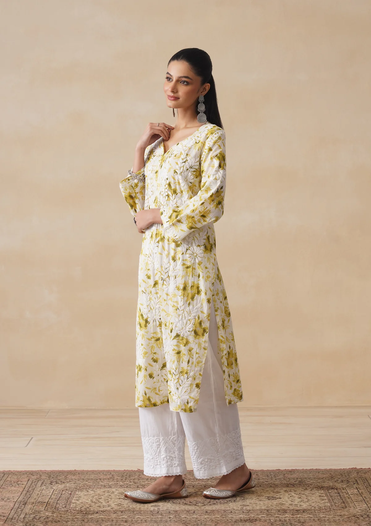HOC Mulmul Chikankari Printed Women's Long Kurta - Green - Image 6