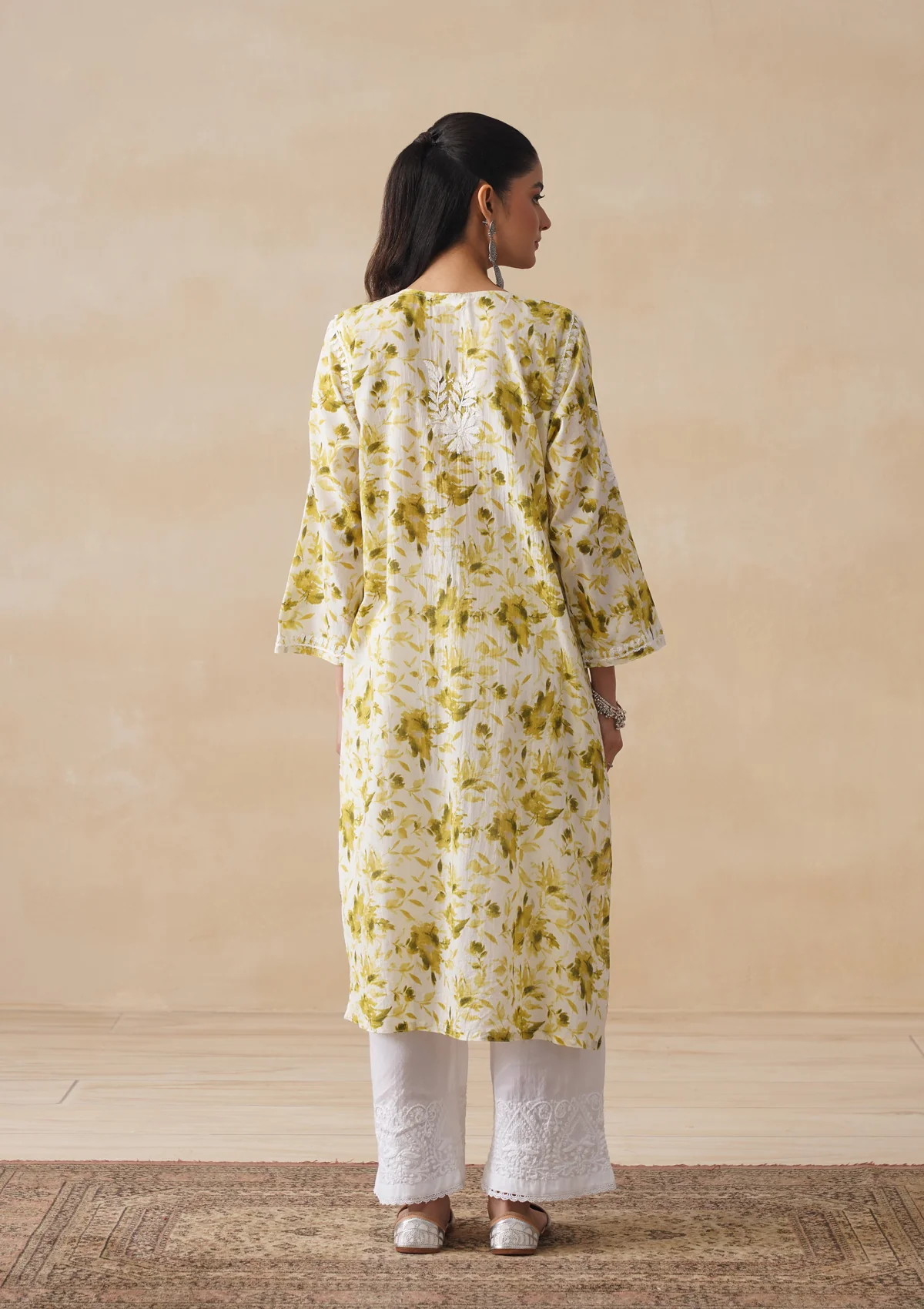 HOC Mulmul Chikankari Printed Women's Long Kurta - Green - Image 7