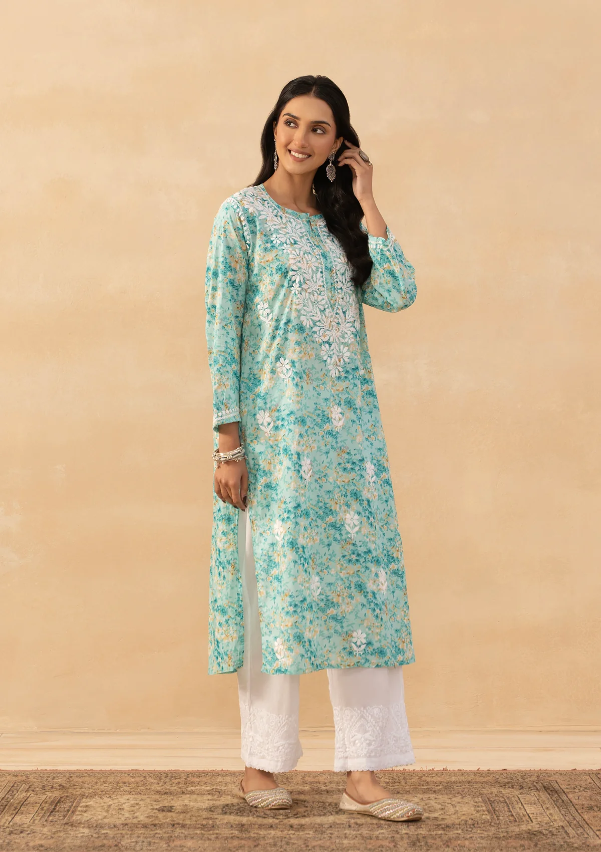 HOC Mulmul Chikankari Printed Women's Long Kurta - Green