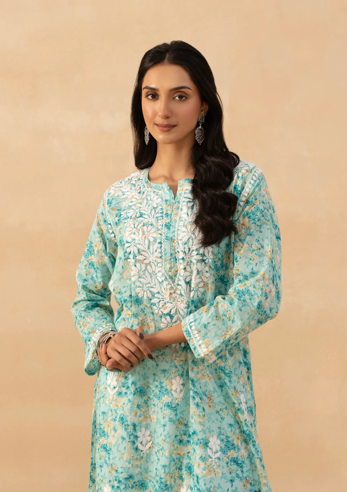 HOC Mulmul Chikankari Printed Women's Long Kurta - Green - Image 2