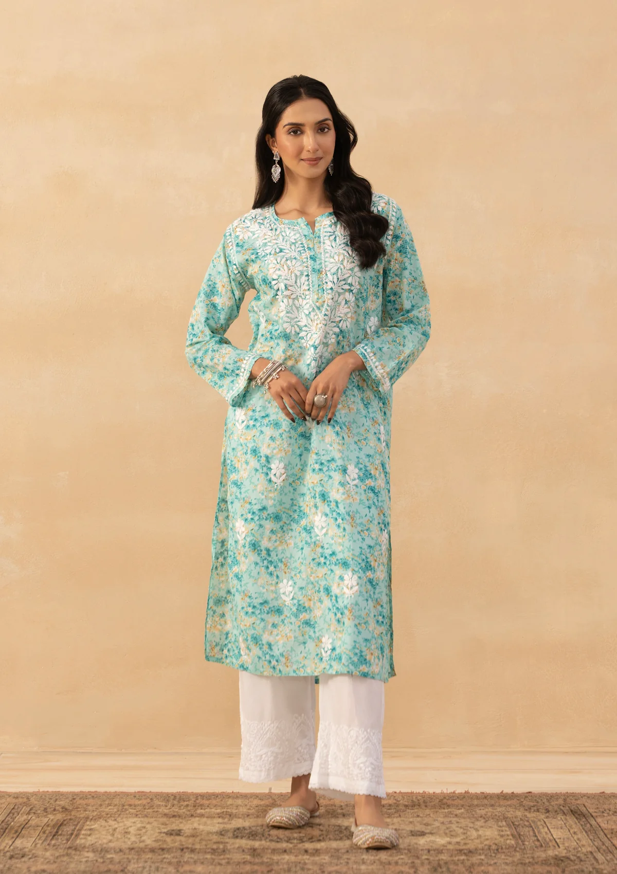 HOC Mulmul Chikankari Printed Women's Long Kurta - Green - Image 3