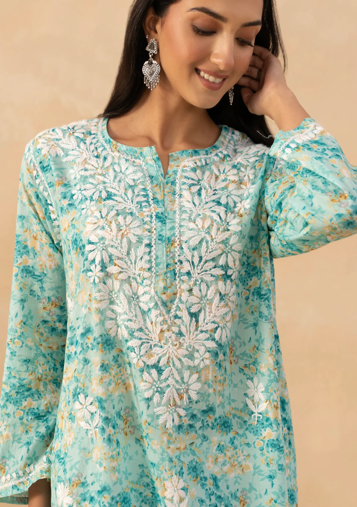 HOC Mulmul Chikankari Printed Women's Long Kurta - Green - Image 4