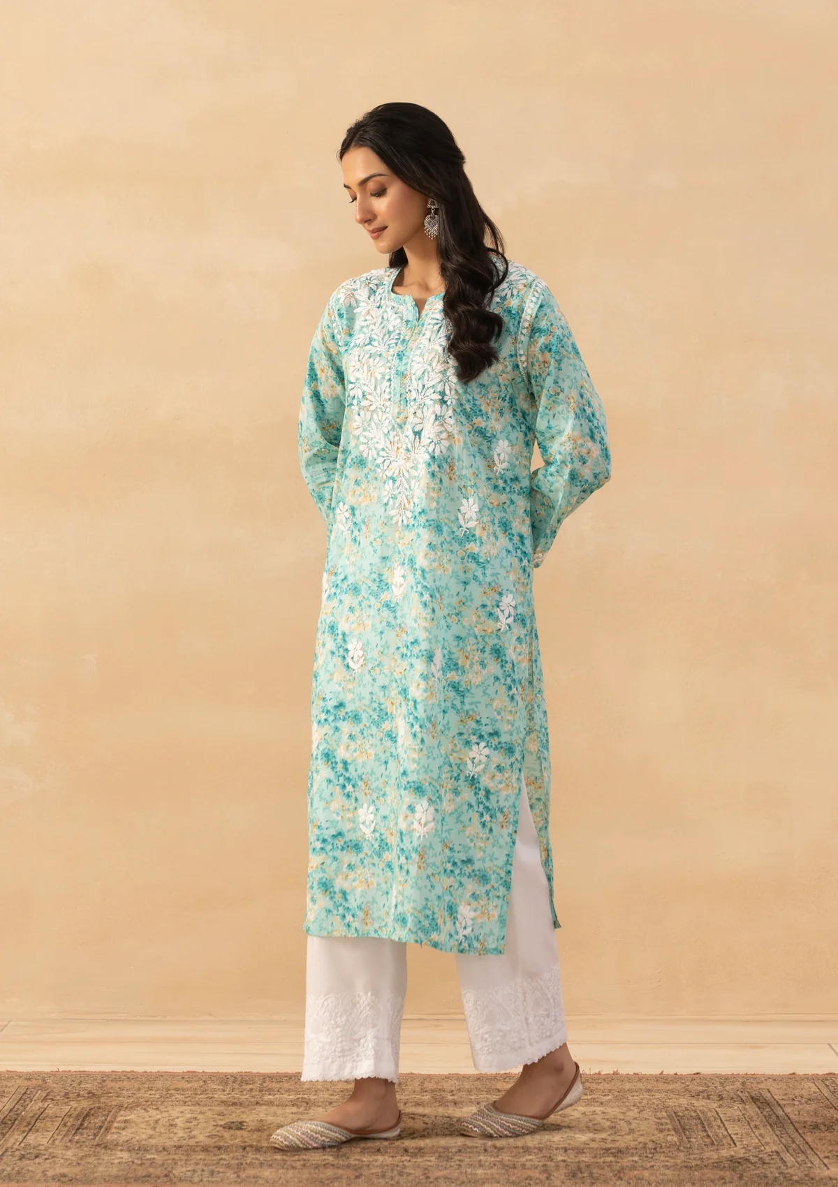 HOC Mulmul Chikankari Printed Women's Long Kurta - Green - Image 5